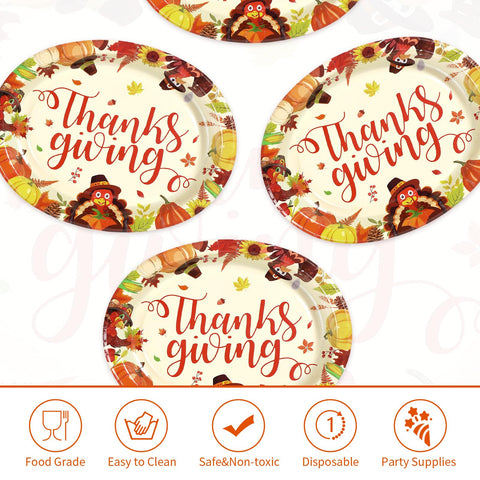 50Pcs Fall Turkey Pumpkin Oval Paper Plates - Grencian