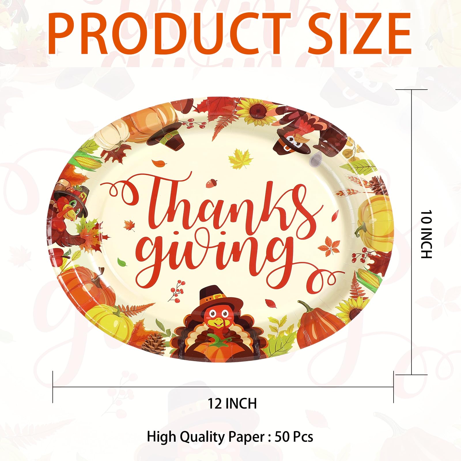 50Pcs Fall Turkey Pumpkin Oval Paper Plates - Grencian