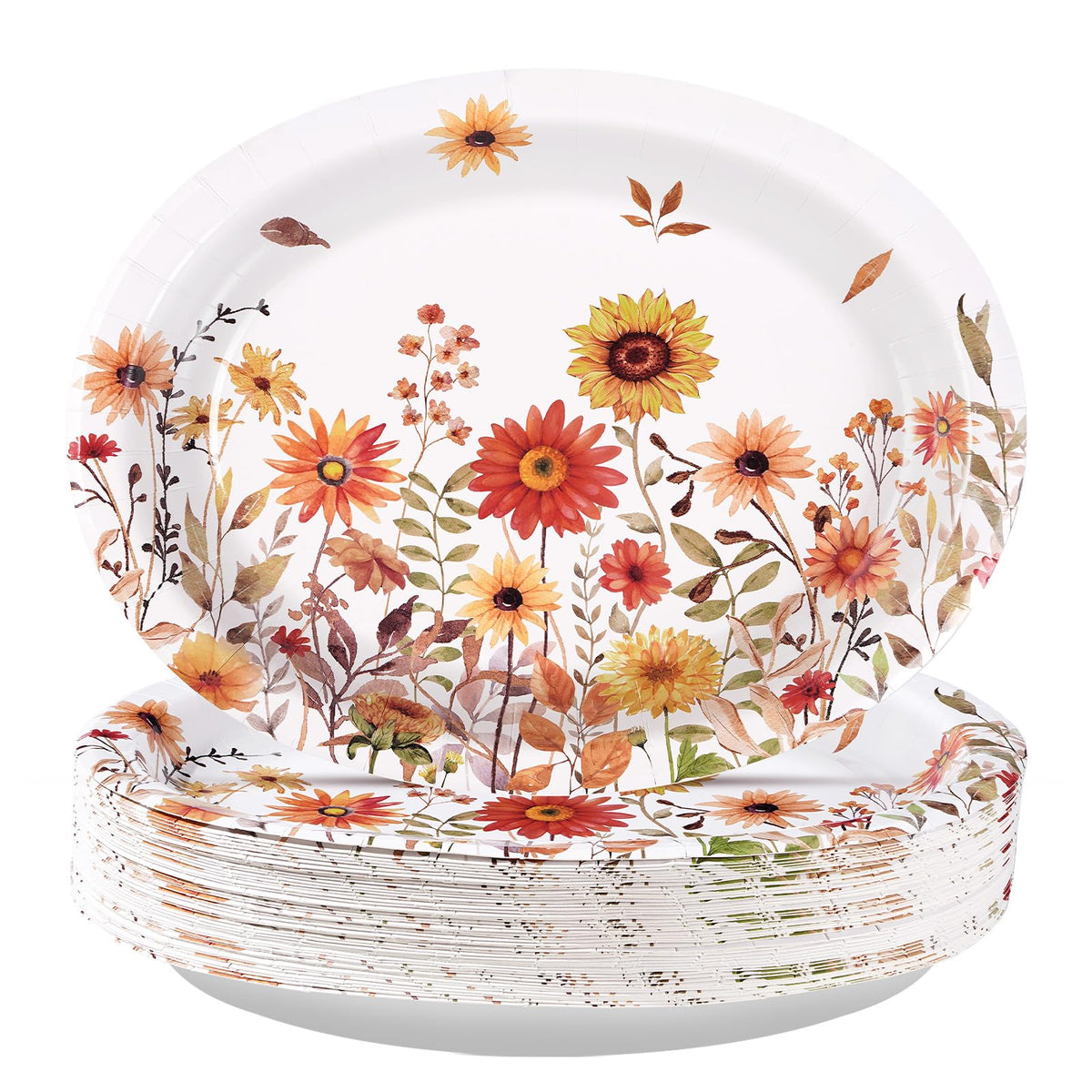 50Pcs Fall Vintage Wildflower Oval Paper Plates - Grencian