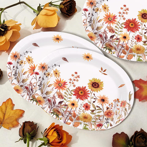 50Pcs Fall Vintage Wildflower Oval Paper Plates - Grencian