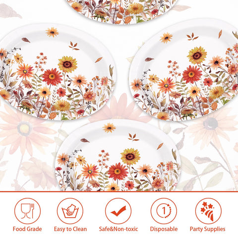 50Pcs Fall Vintage Wildflower Oval Paper Plates - Grencian