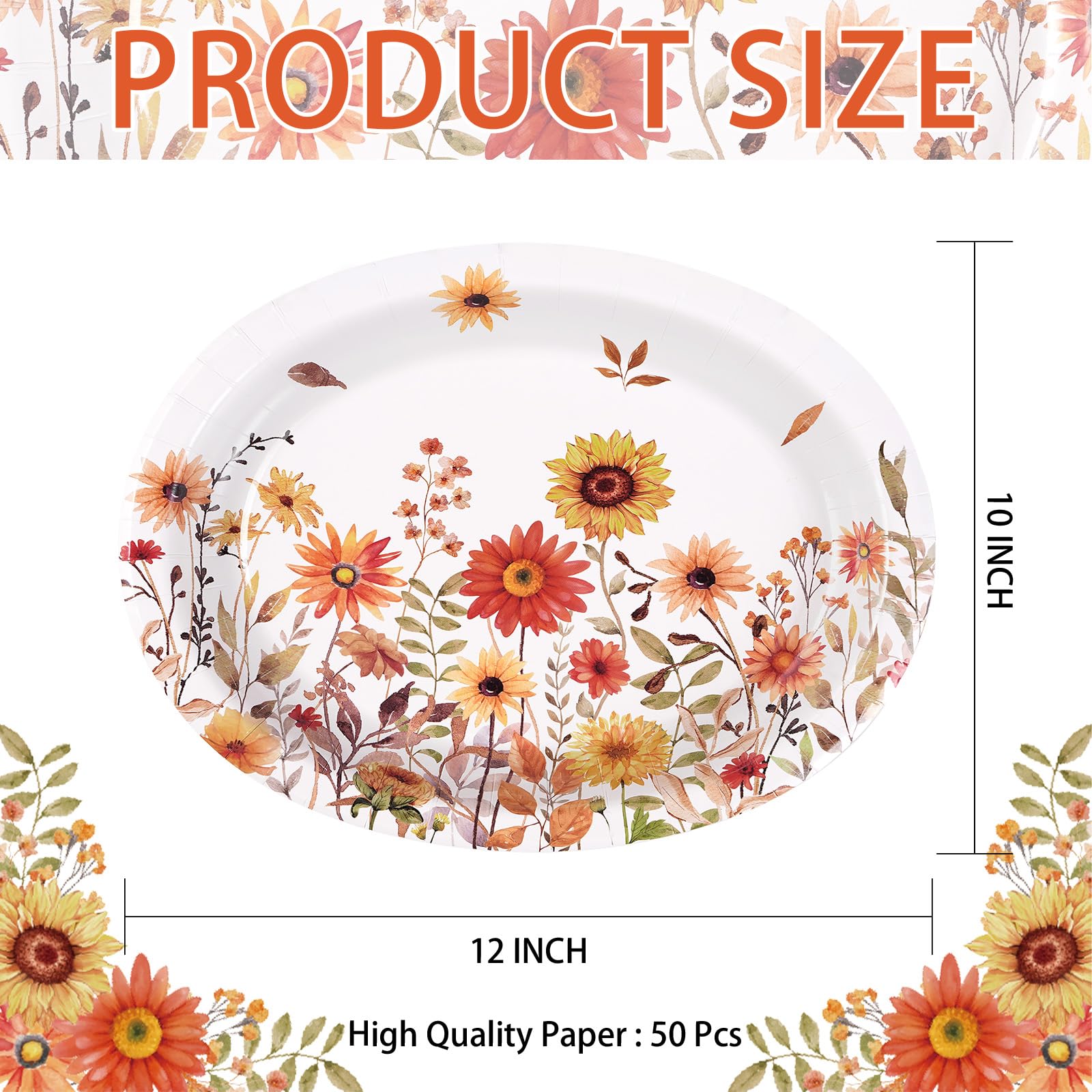 50Pcs Fall Vintage Wildflower Oval Paper Plates - Grencian