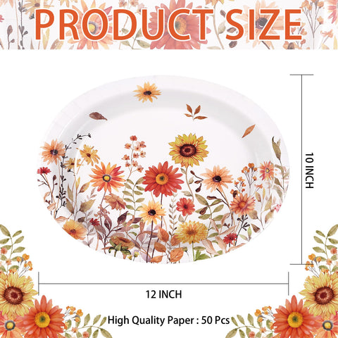 50Pcs Fall Vintage Wildflower Oval Paper Plates - Grencian