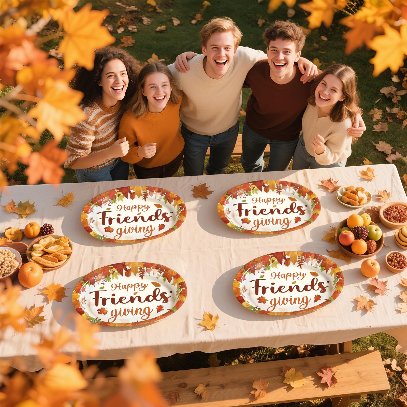 50Pcs Friendsgiving Maple Leaf Oval Paper Plates - Grencian