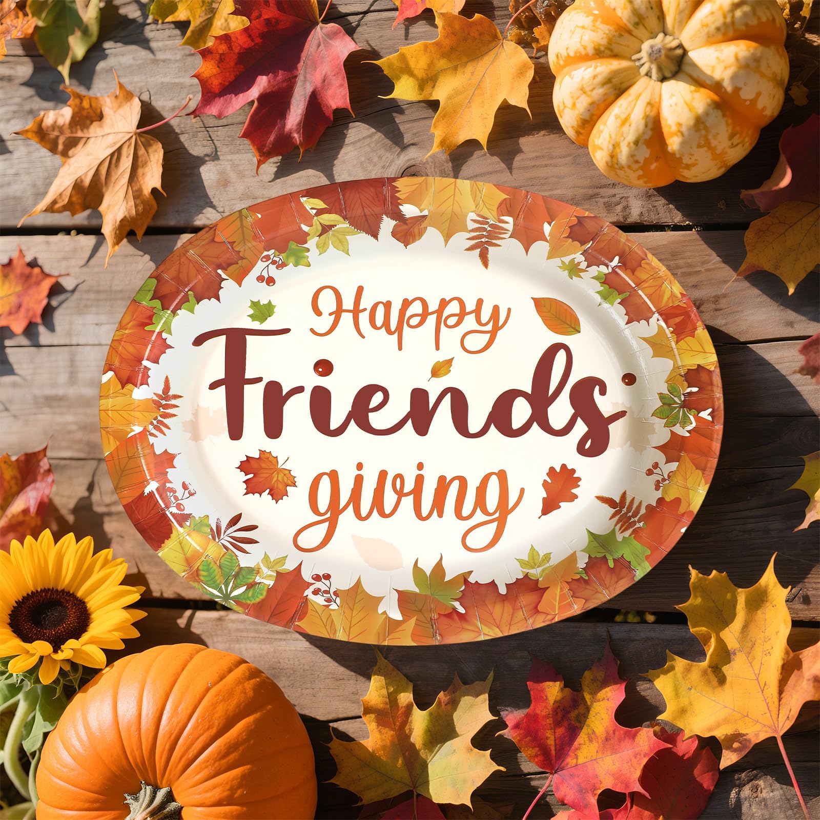 50Pcs Friendsgiving Maple Leaf Oval Paper Plates - Grencian
