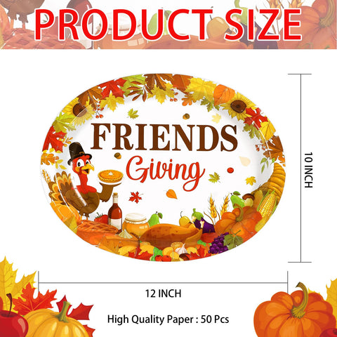 50Pcs Friendsgiving Turkey Oval Paper Plates - Grencian