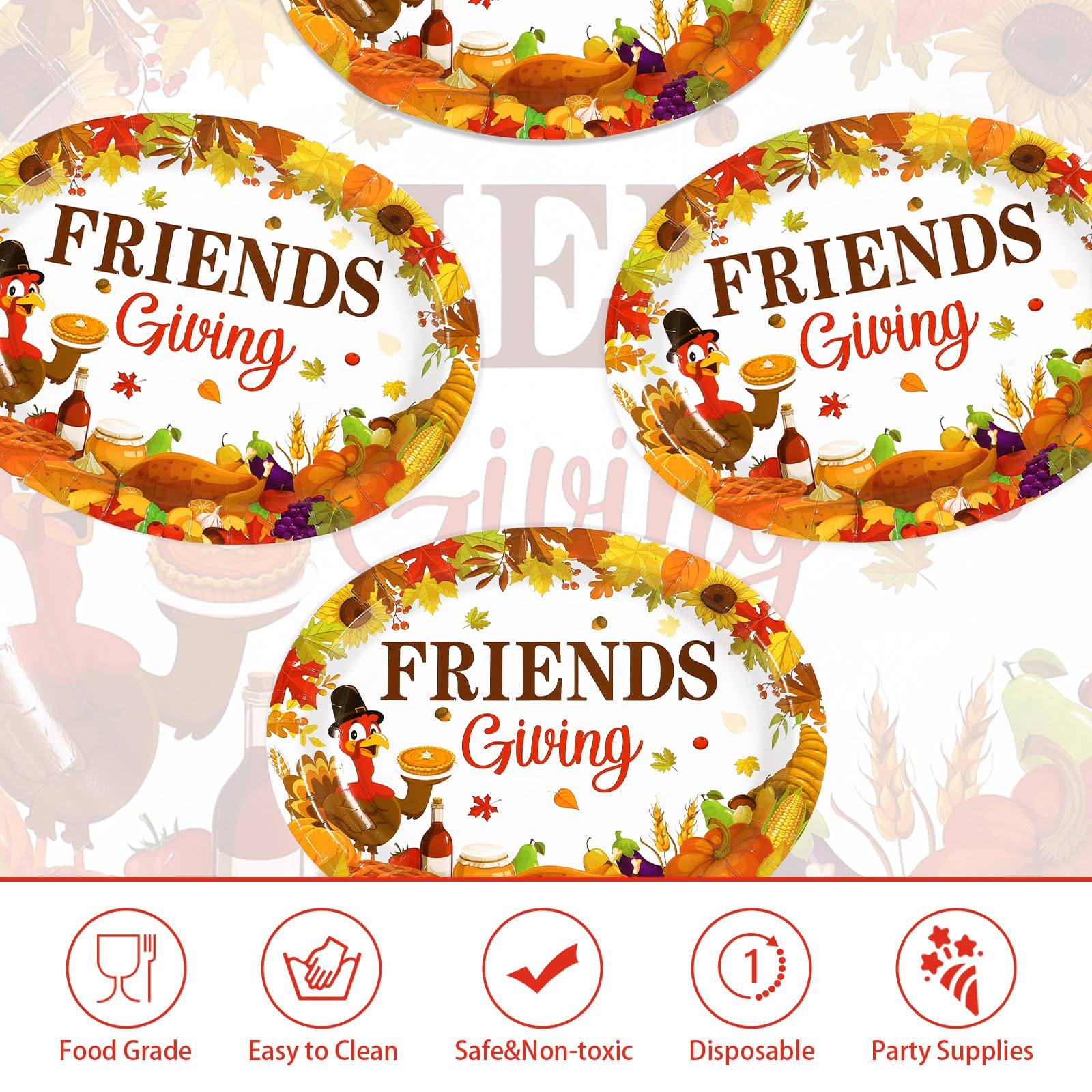 50Pcs Friendsgiving Turkey Oval Paper Plates - Grencian