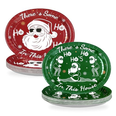 50Pcs Funny Red Green Christmas Oval Paper Plates - Grencian