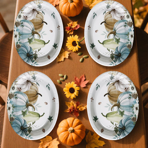 50Pcs Gray Blue Pumpkin Oval Paper Plates - Grencian