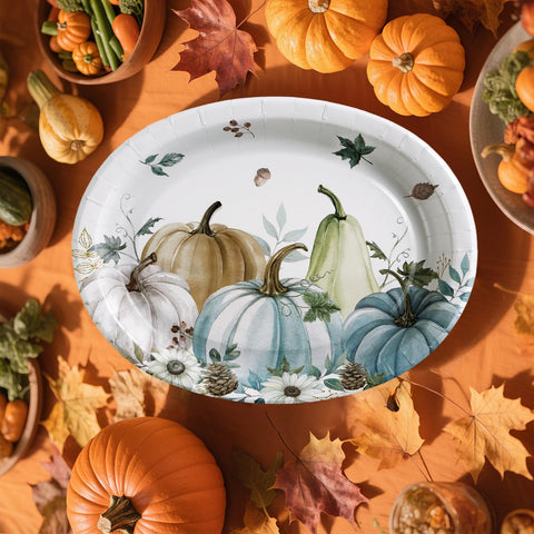 50Pcs Gray Blue Pumpkin Oval Paper Plates - Grencian