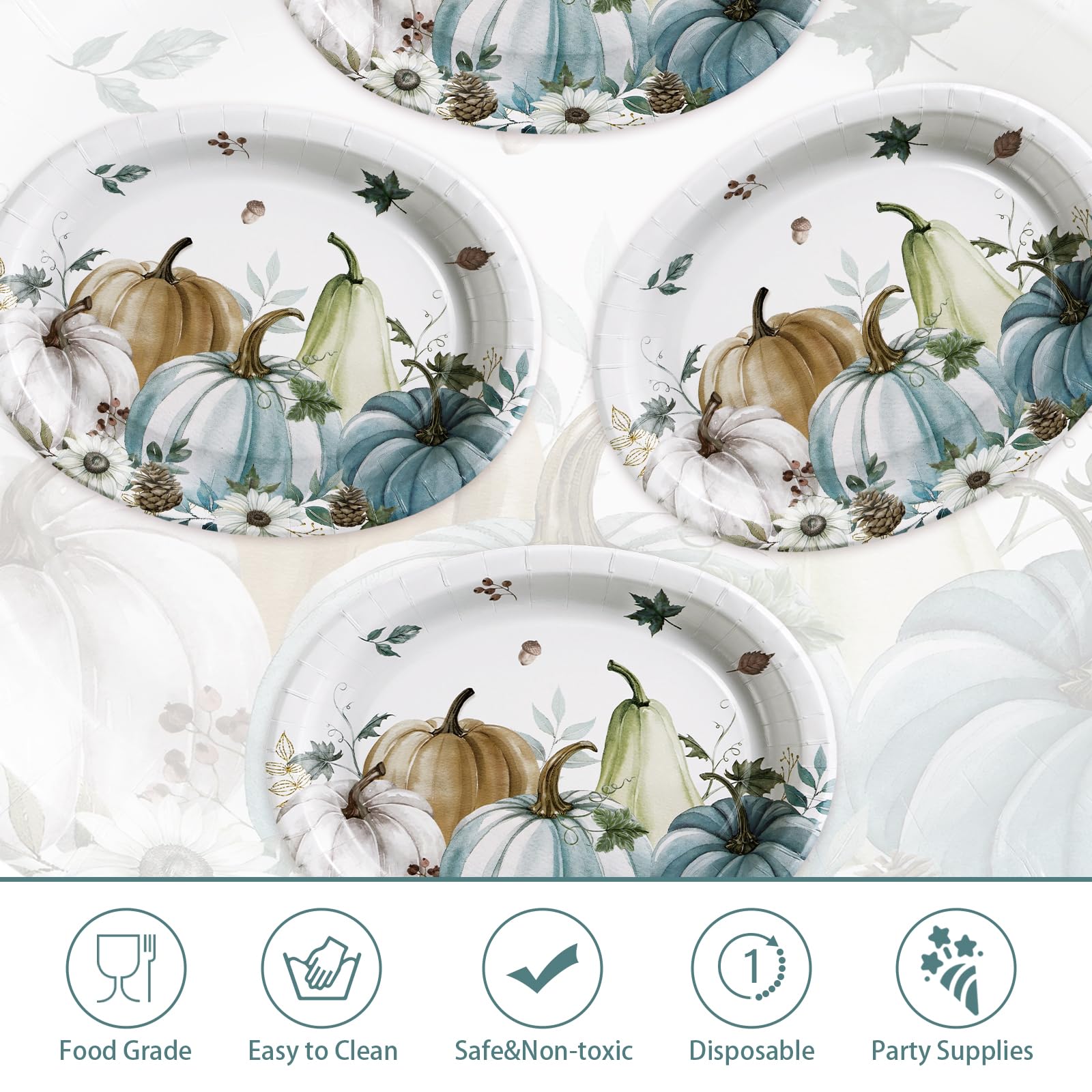 50Pcs Gray Blue Pumpkin Oval Paper Plates - Grencian