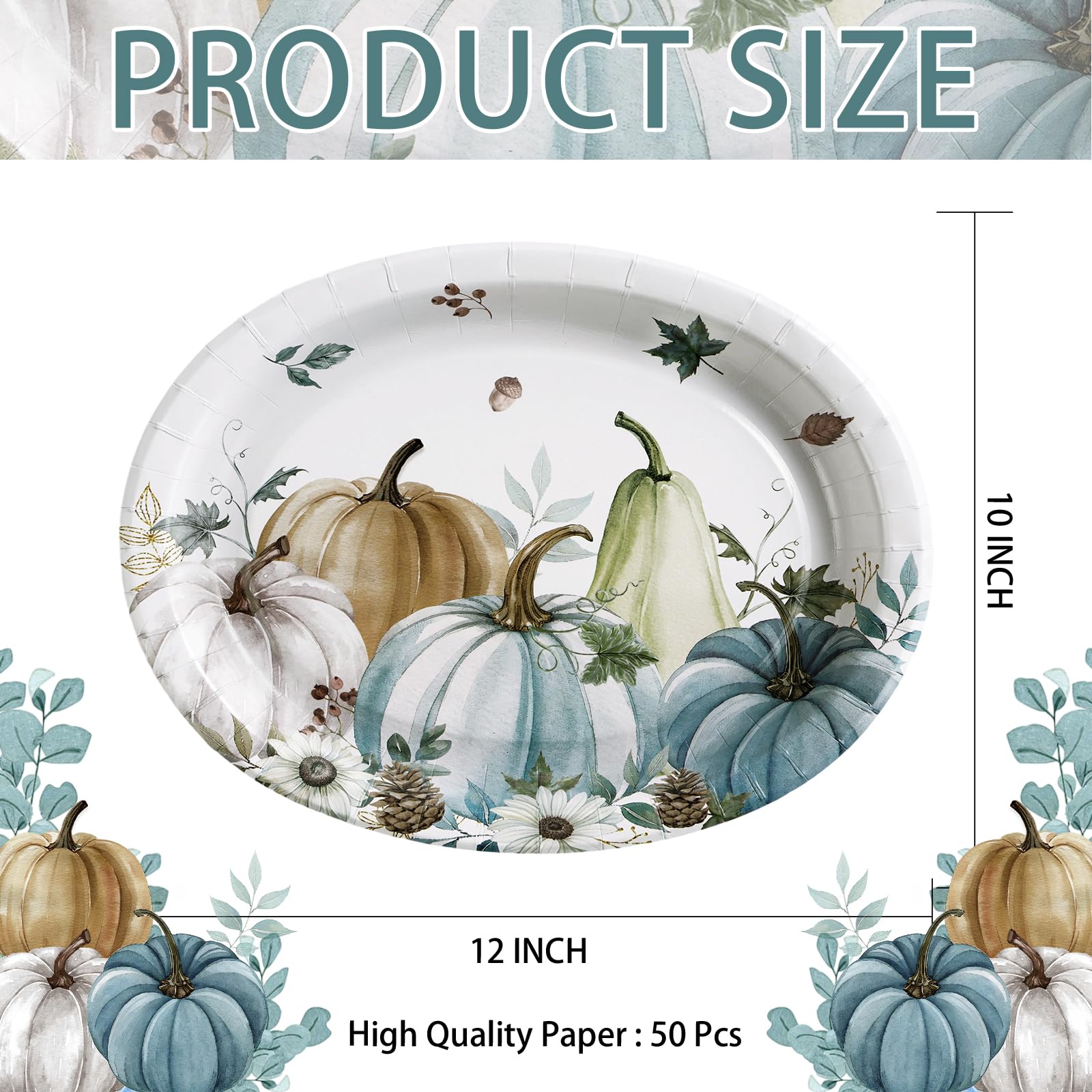 50Pcs Gray Blue Pumpkin Oval Paper Plates - Grencian