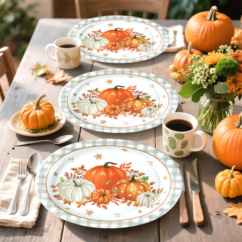 50Pcs Gray Plaid Orange Pumpkin Oval Paper Plates - Grencian