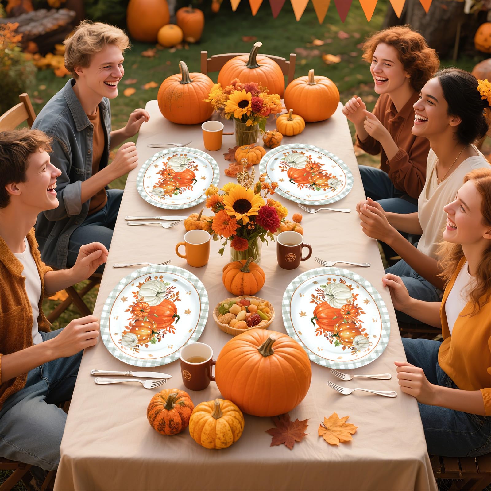 50Pcs Gray Plaid Orange Pumpkin Oval Paper Plates - Grencian