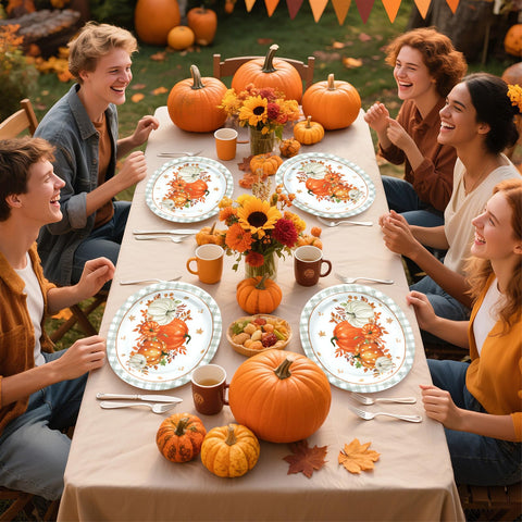 50Pcs Gray Plaid Orange Pumpkin Oval Paper Plates - Grencian