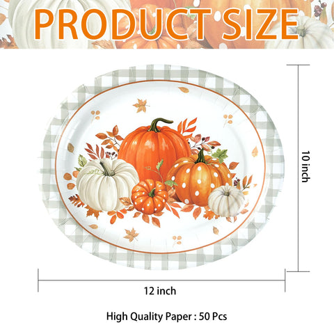 50Pcs Gray Plaid Orange Pumpkin Oval Paper Plates - Grencian