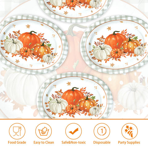 50Pcs Gray Plaid Orange Pumpkin Oval Paper Plates - Grencian
