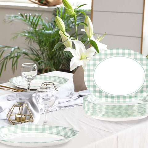 50Pcs Green Gingham Oval Paper Plates - Grencian