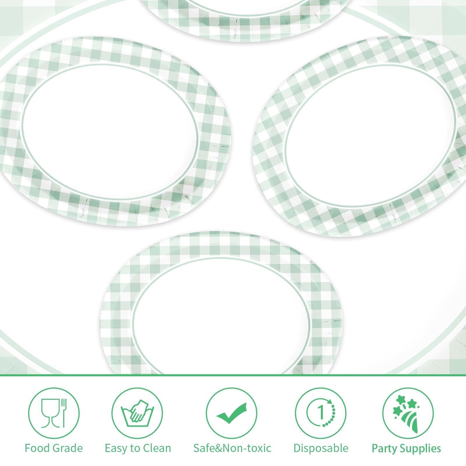 50Pcs Green Gingham Oval Paper Plates - Grencian