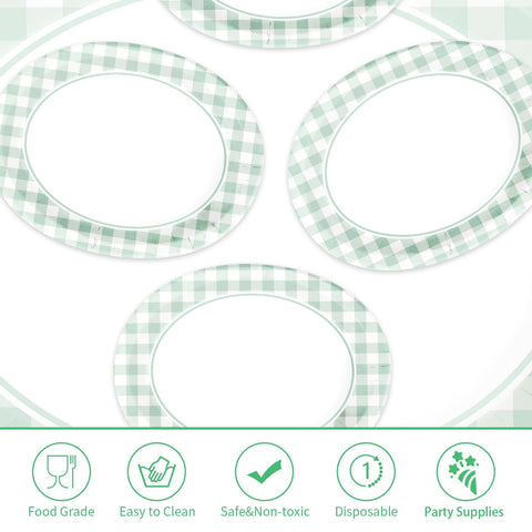 50Pcs Green Gingham Oval Paper Plates - Grencian