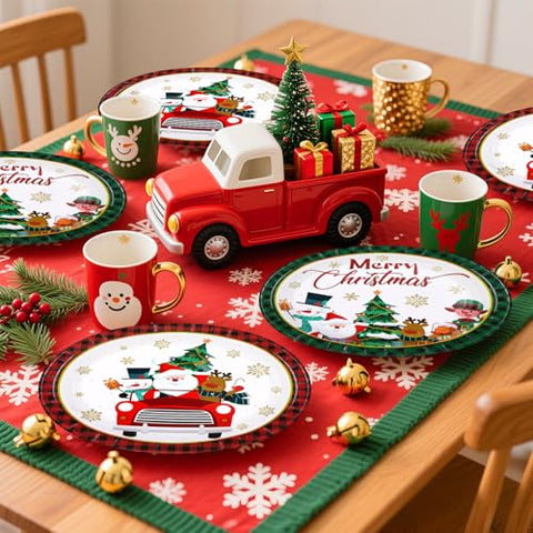50Pcs Green Red Christmas Truck Oval Paper Plates - Grencian