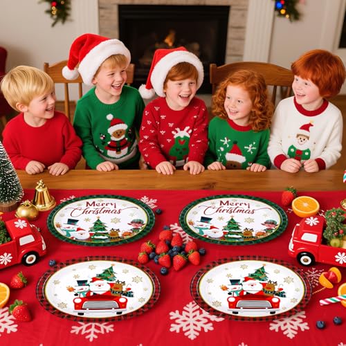 50Pcs Green Red Christmas Truck Oval Paper Plates - Grencian