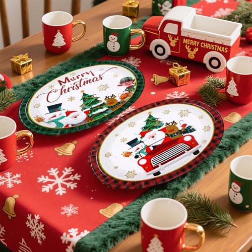 50Pcs Green Red Christmas Truck Oval Paper Plates - Grencian