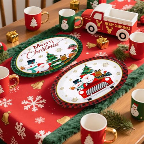 50Pcs Green Red Christmas Truck Oval Paper Plates - Grencian