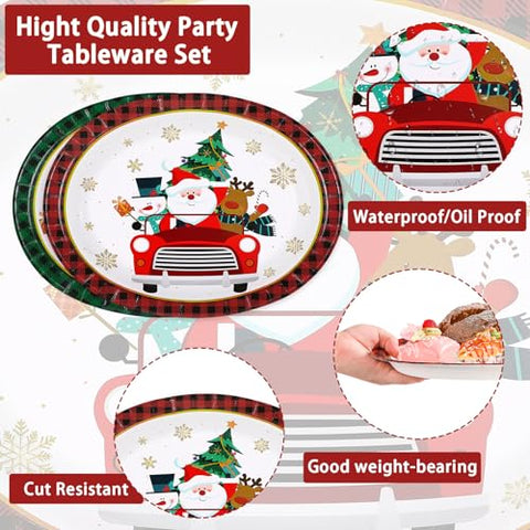 50Pcs Green Red Christmas Truck Oval Paper Plates - Grencian