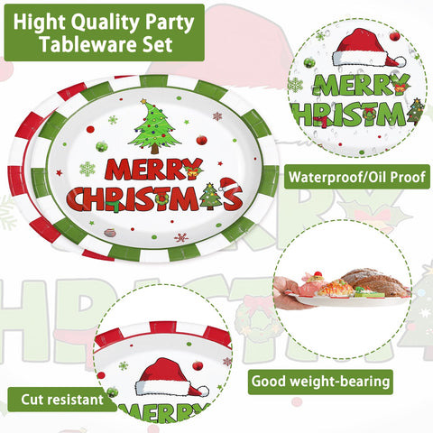 50Pcs Green Red Xmas Oval Paper Plates - Grencian