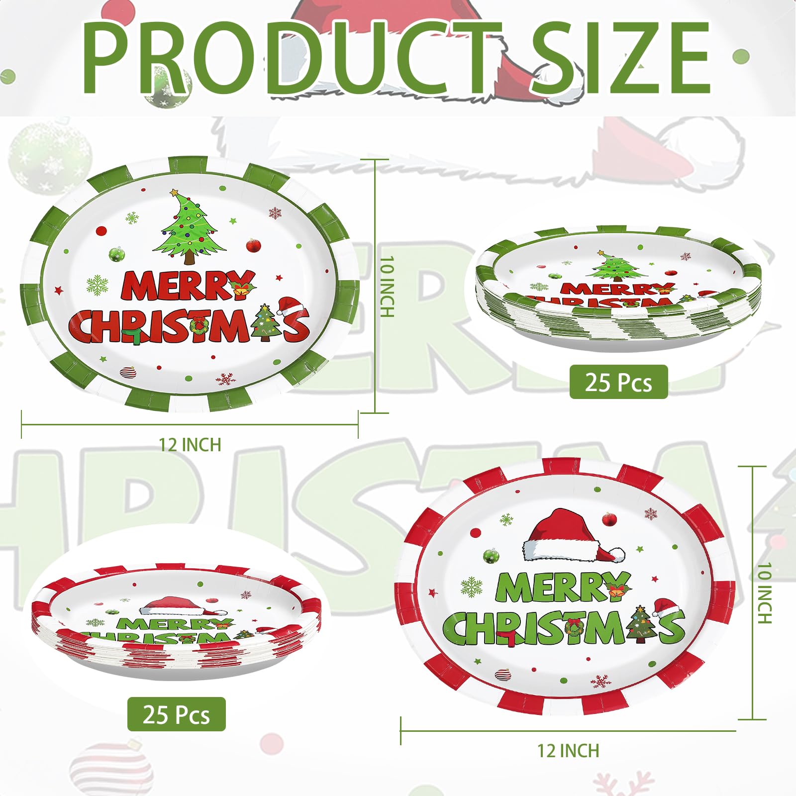 50Pcs Green Red Xmas Oval Paper Plates - Grencian