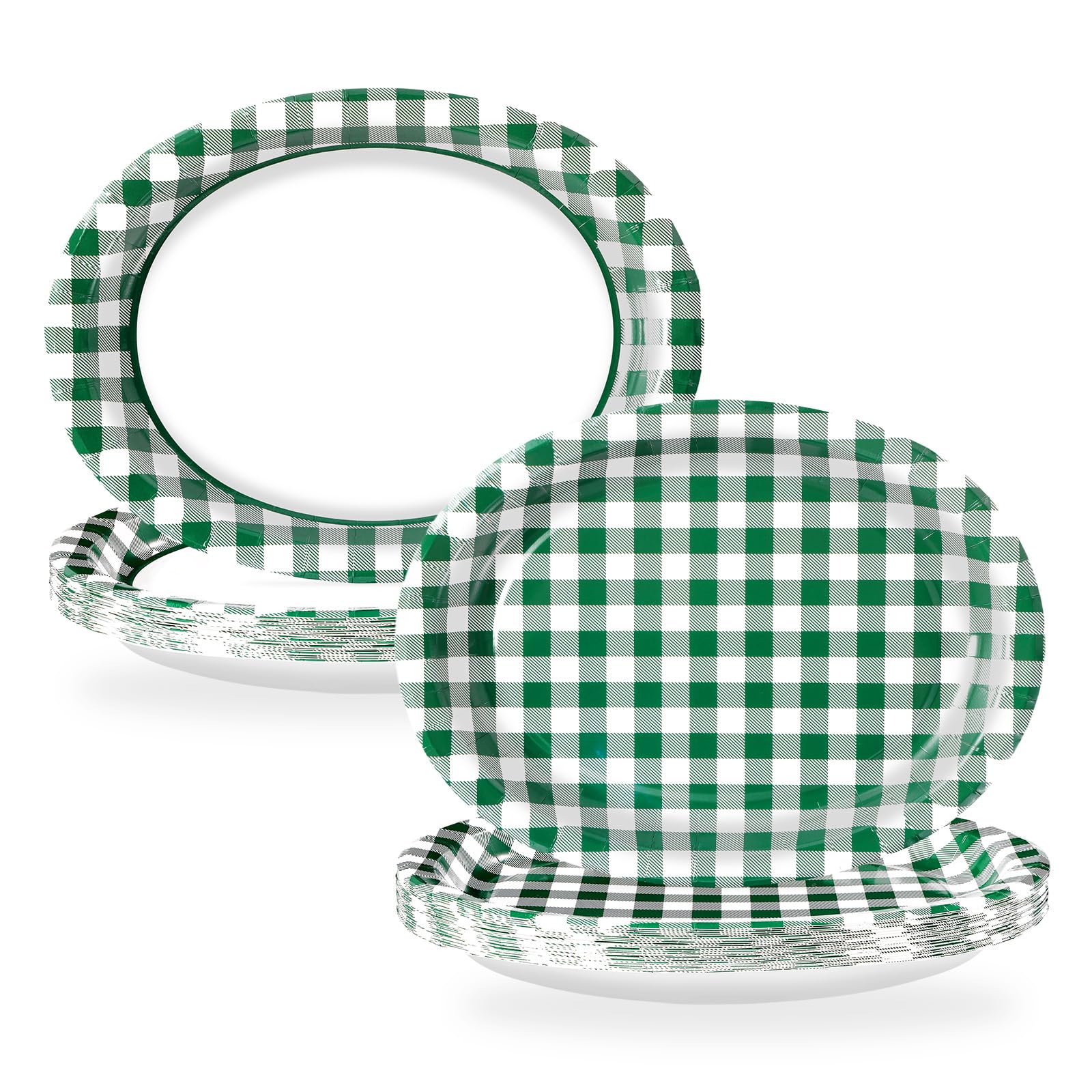 50Pcs Green White Plaid Oval Paper Plates - Grencian