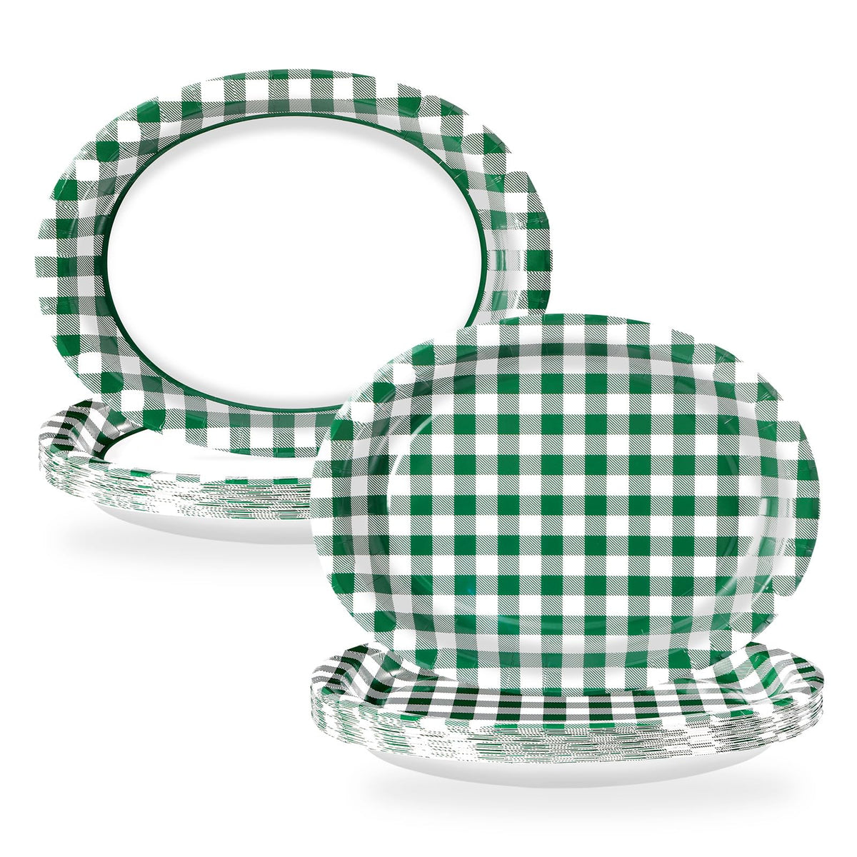 50Pcs Green White Plaid Oval Paper Plates - Grencian