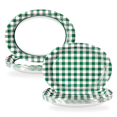 50Pcs Green White Plaid Oval Paper Plates - Grencian