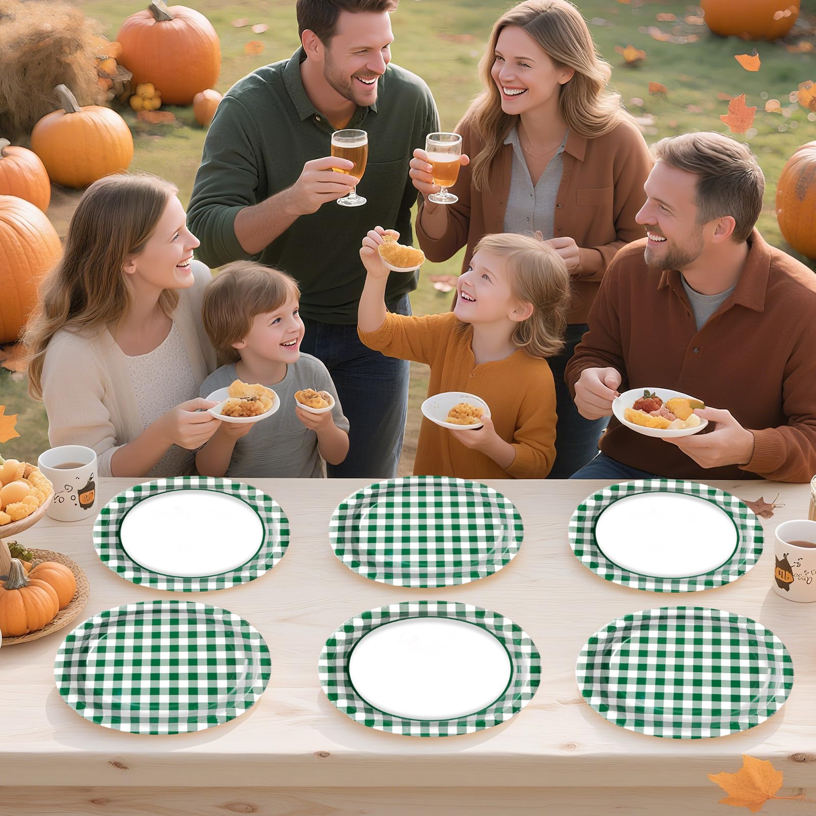 50Pcs Green White Plaid Oval Paper Plates - Grencian