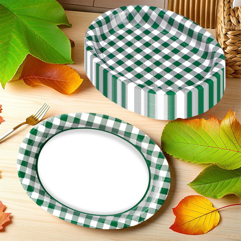 50Pcs Green White Plaid Oval Paper Plates - Grencian