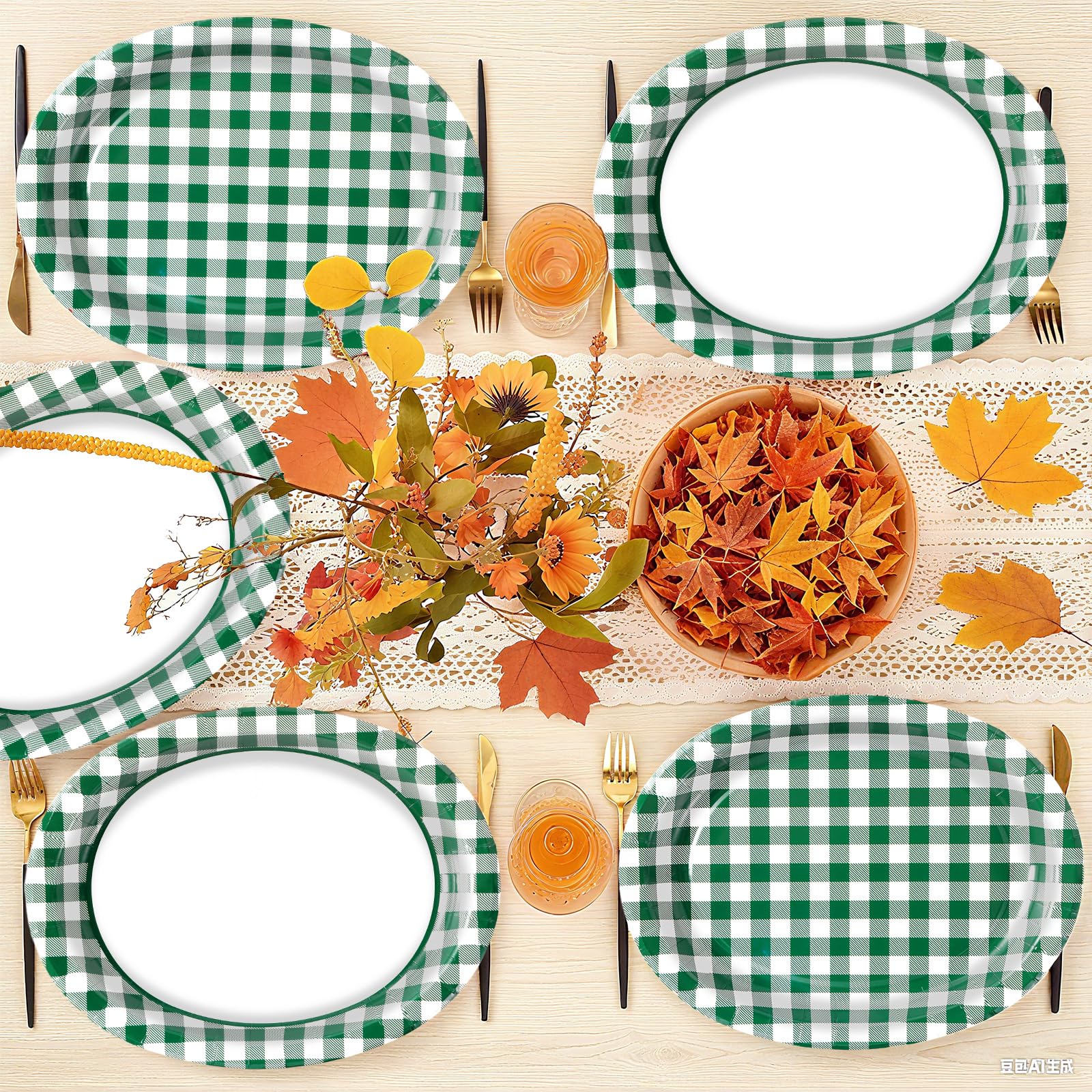 50Pcs Green White Plaid Oval Paper Plates - Grencian