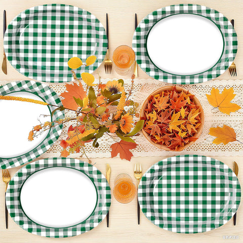 50Pcs Green White Plaid Oval Paper Plates - Grencian