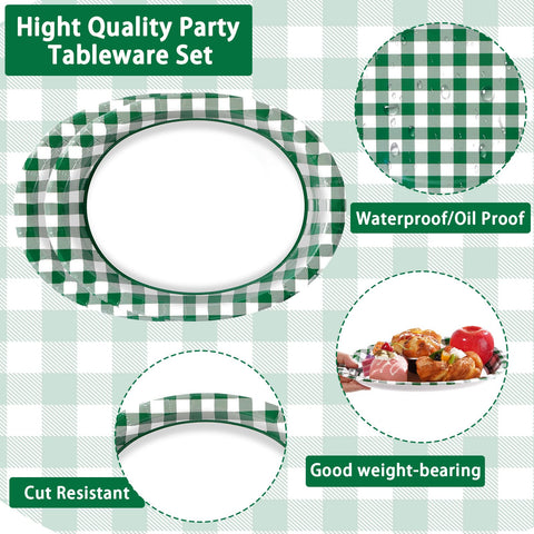 50Pcs Green White Plaid Oval Paper Plates - Grencian