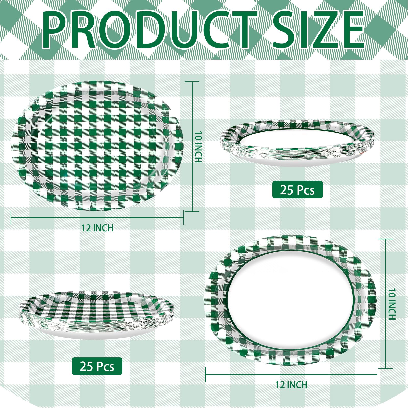 50Pcs Green White Plaid Oval Paper Plates - Grencian