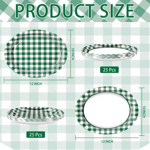 50Pcs Green White Plaid Oval Paper Plates - Grencian