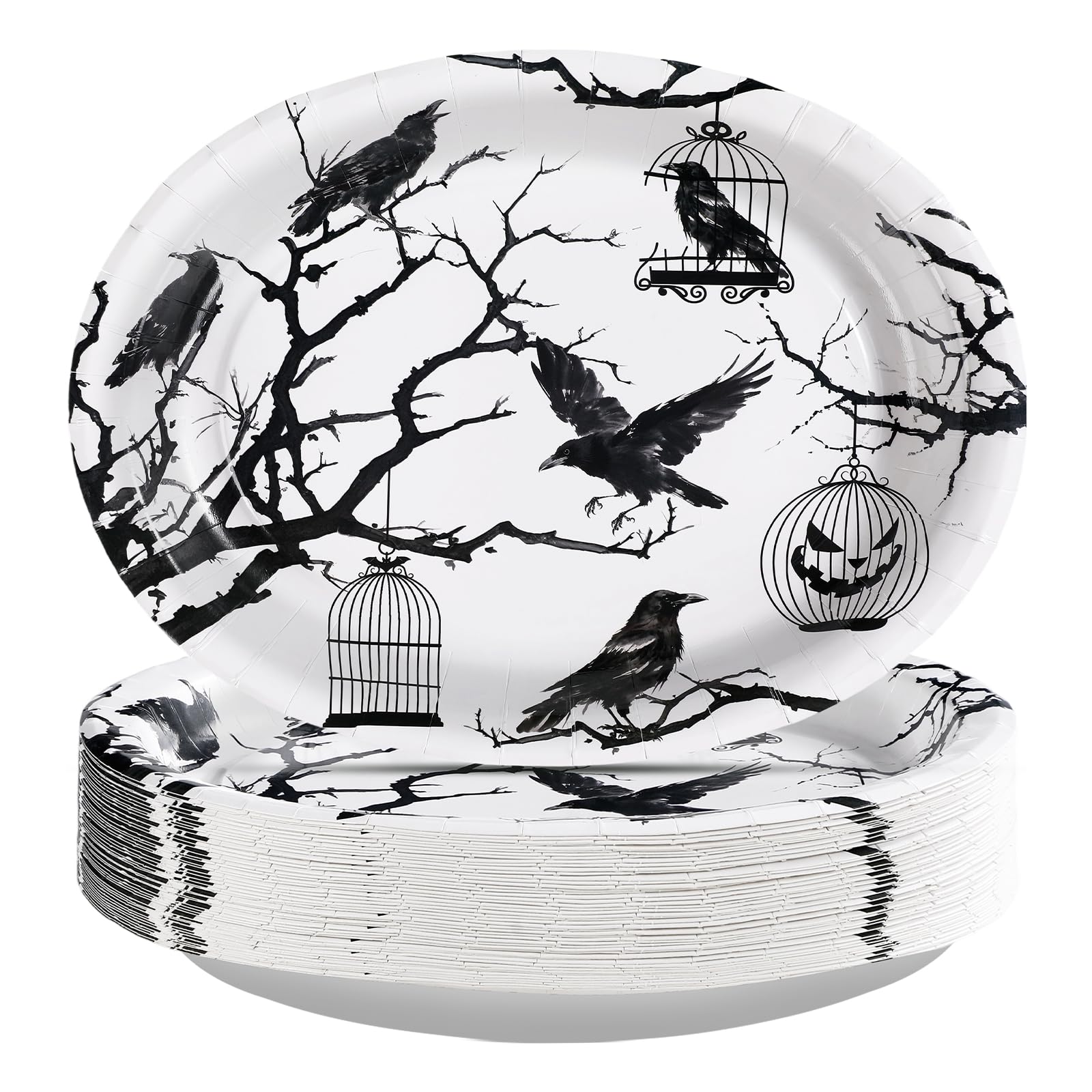50Pcs Halloween Bird Tree Oval Paper Plates - Grencian
