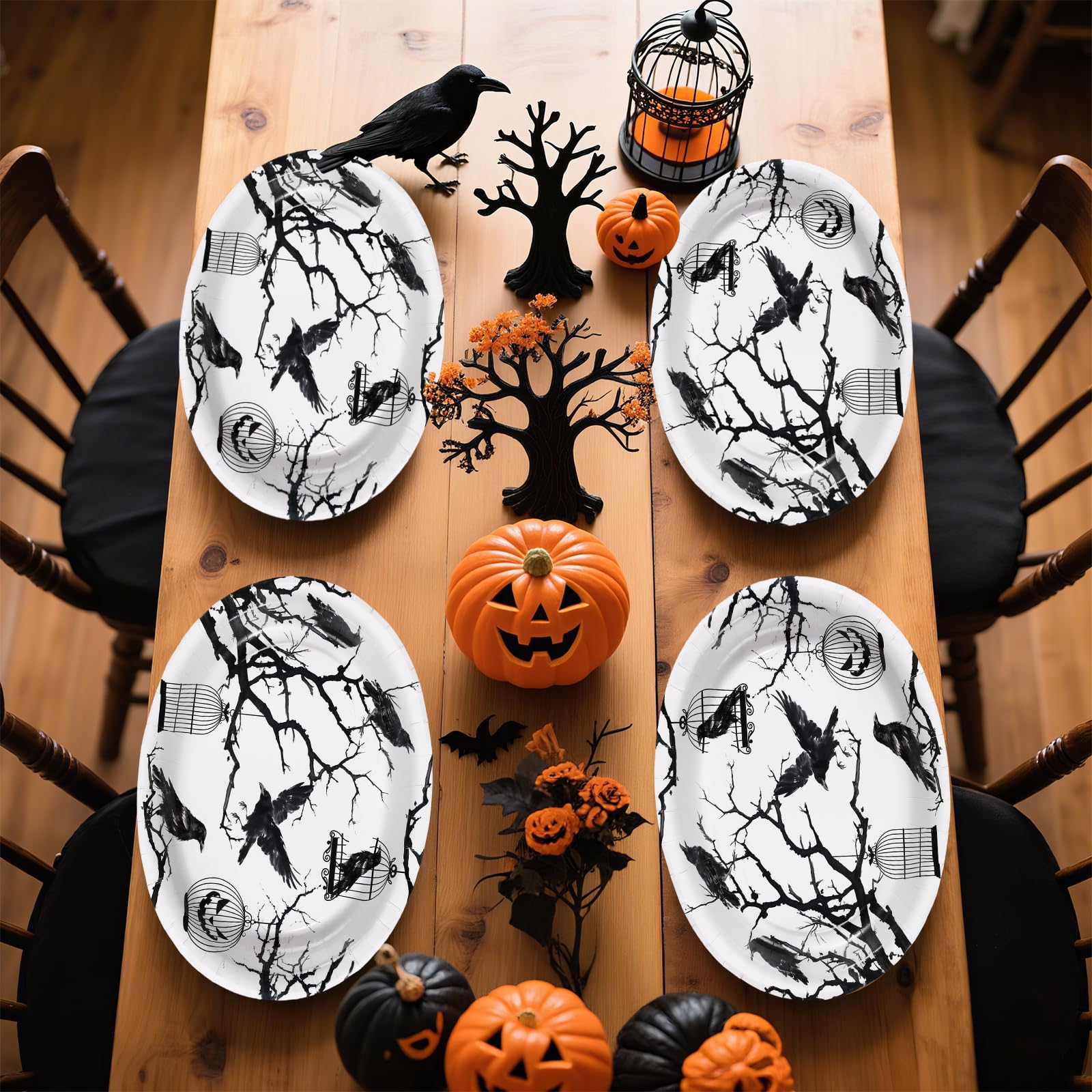 50Pcs Halloween Bird Tree Oval Paper Plates - Grencian
