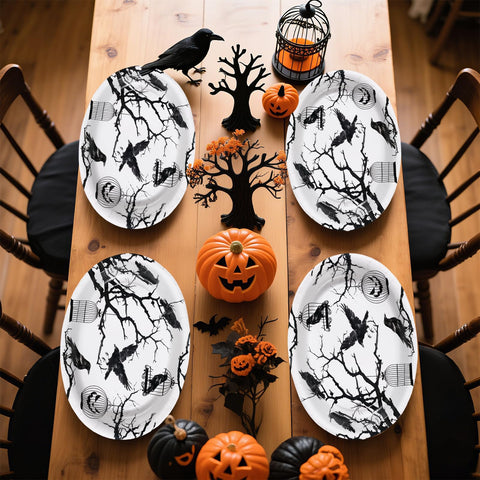 50Pcs Halloween Bird Tree Oval Paper Plates - Grencian