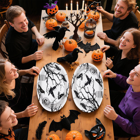 50Pcs Halloween Bird Tree Oval Paper Plates - Grencian