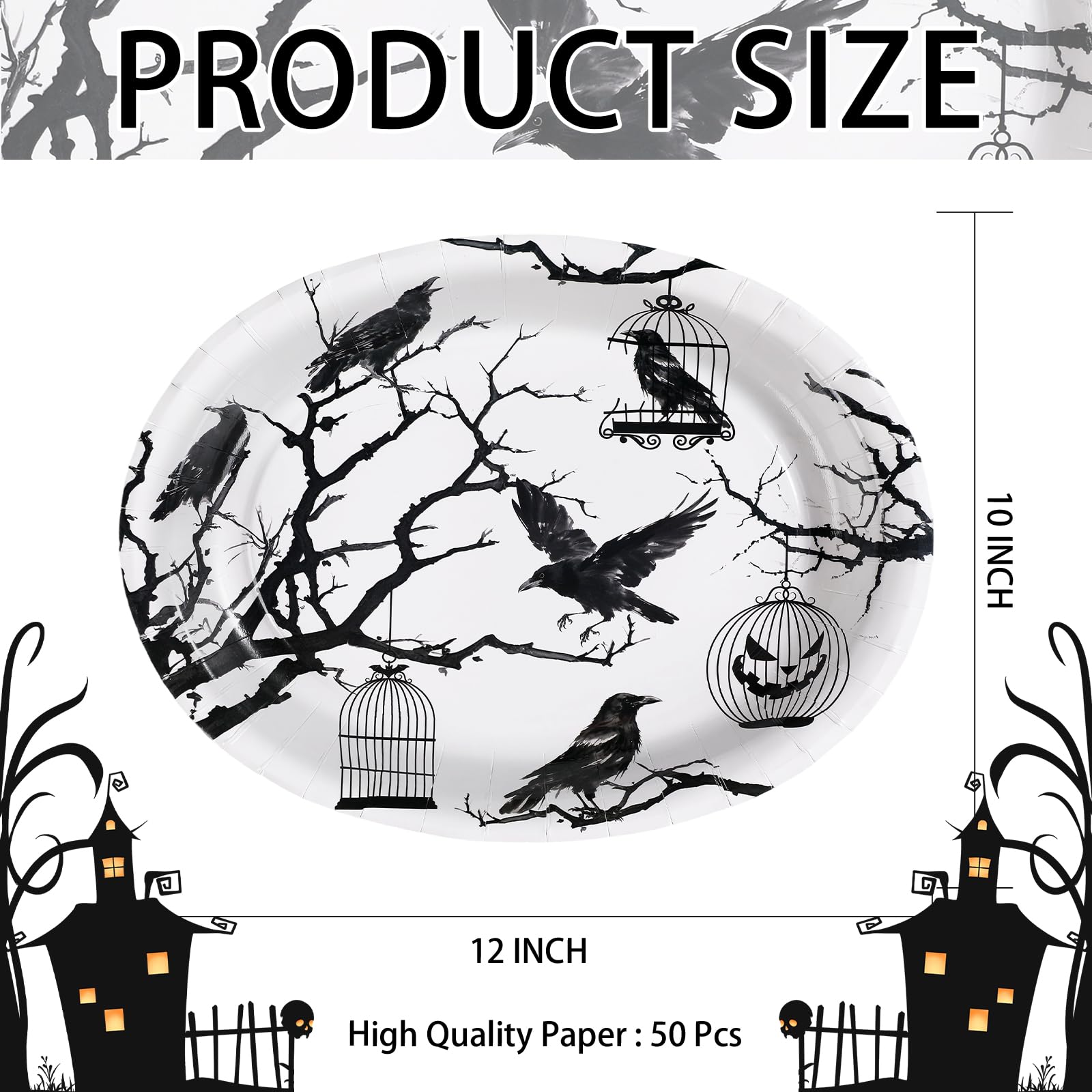 50Pcs Halloween Bird Tree Oval Paper Plates - Grencian