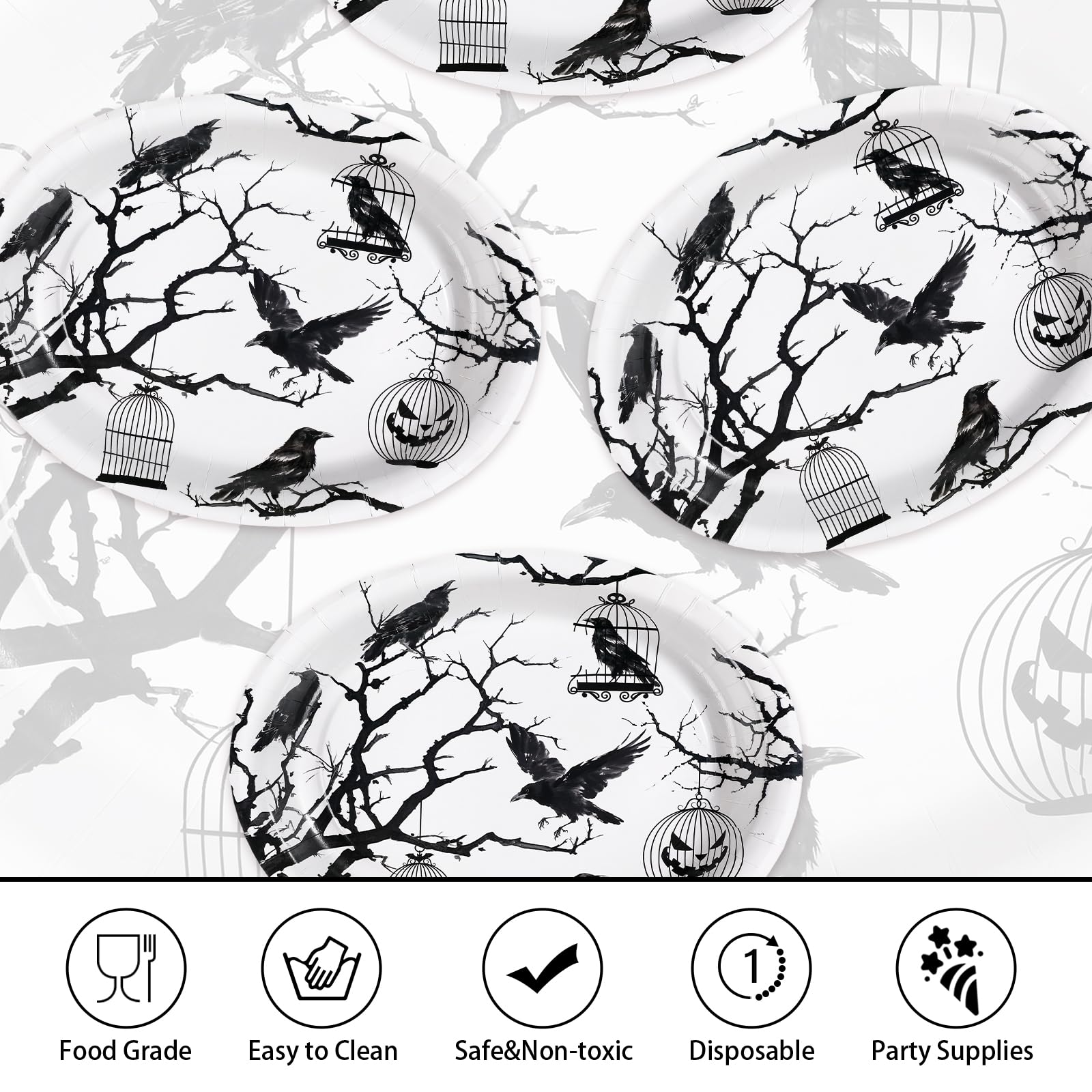 50Pcs Halloween Bird Tree Oval Paper Plates - Grencian