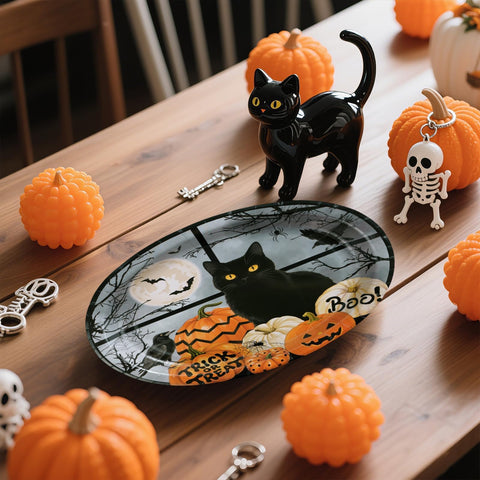 50Pcs Halloween Black Cat Pumpkin Oval Paper Plates - Grencian
