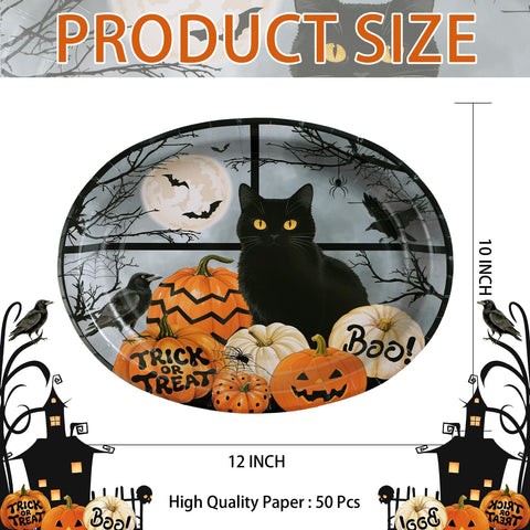 50Pcs Halloween Black Cat Pumpkin Oval Paper Plates - Grencian