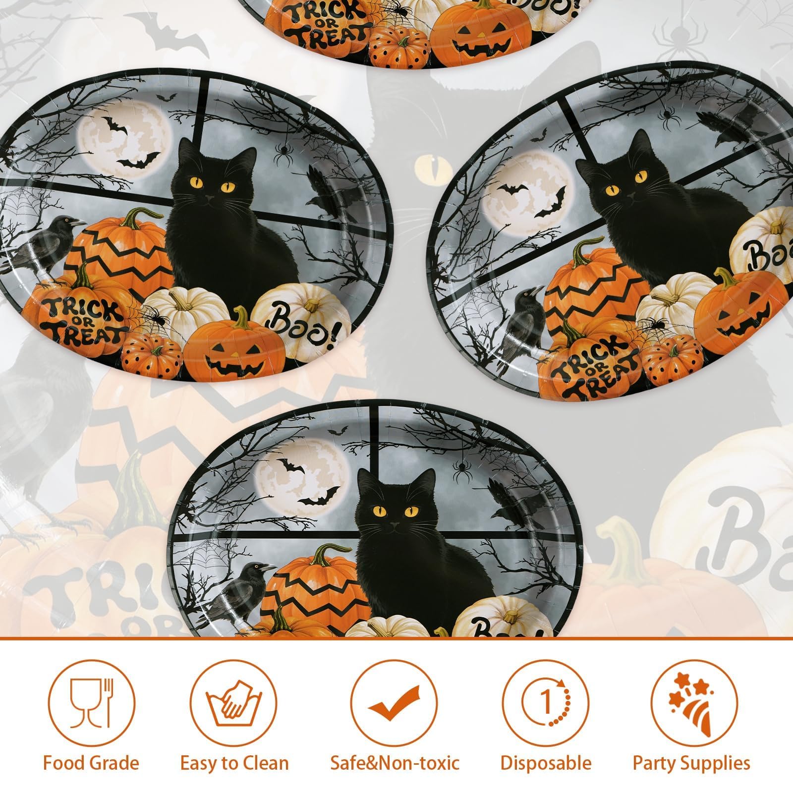 50Pcs Halloween Black Cat Pumpkin Oval Paper Plates - Grencian